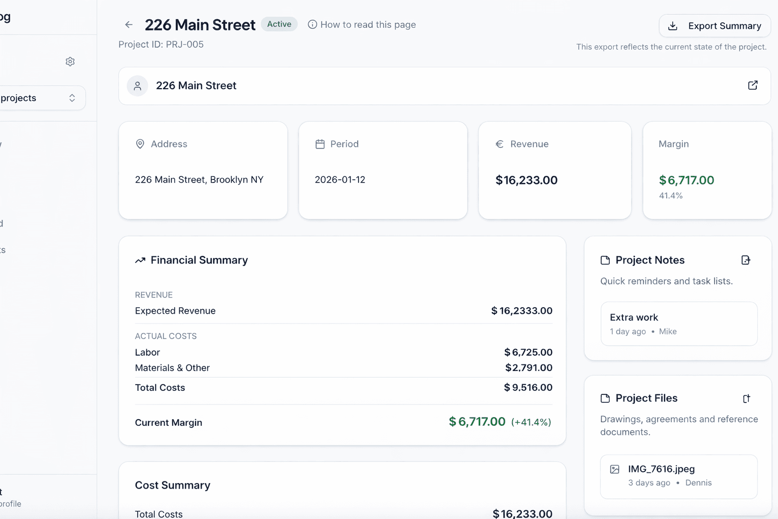 Buildlog project dashboard showing real-time margin tracking