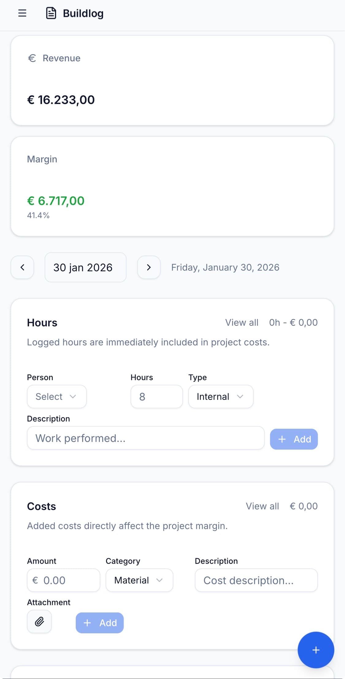 Buildlog project dashboard showing real-time margin tracking